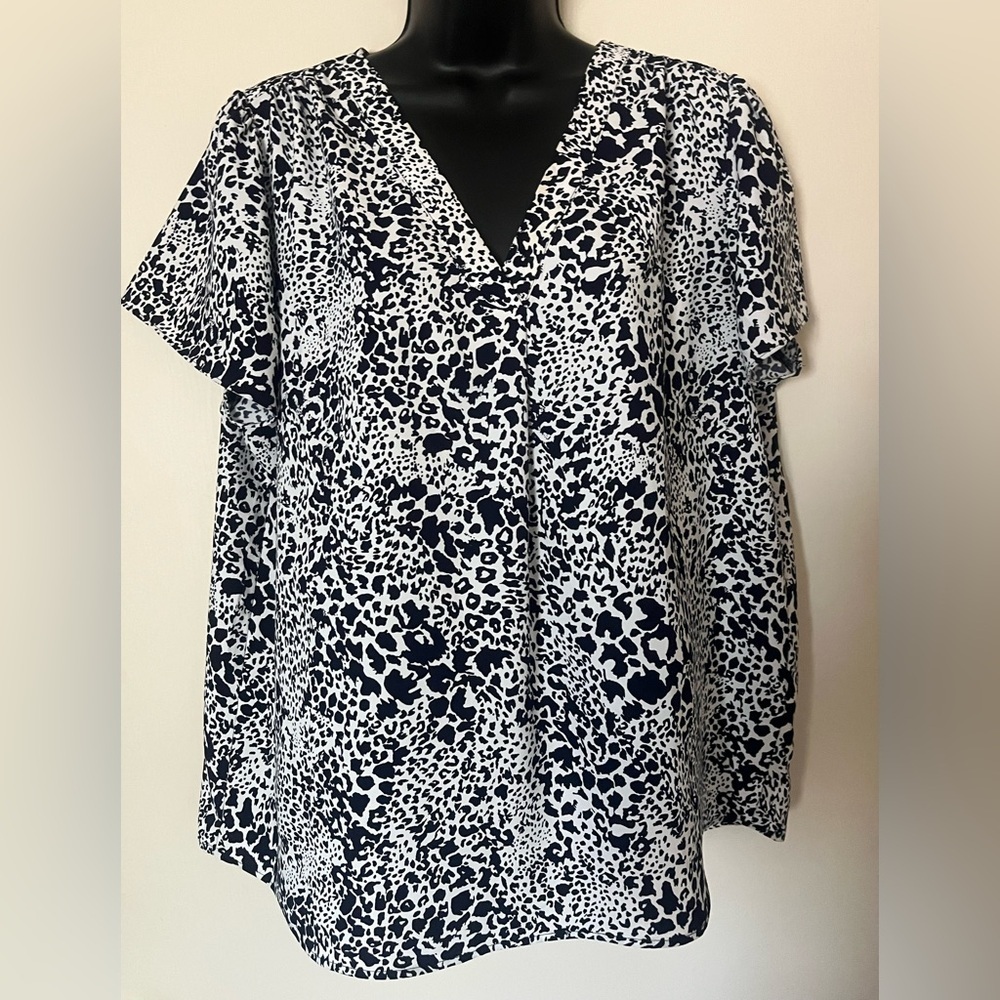 Hilary Radley Navy Blue and White Animal Print Blouse
